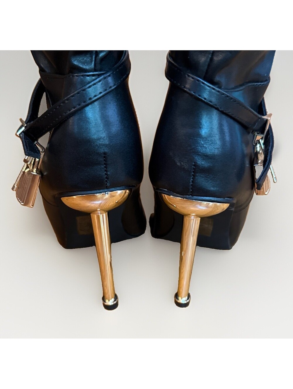 New Black Fashion Nova Tommy Stiletto Knee High Boots Gold Tone Lock & Key 10 - Picture 5 of 7